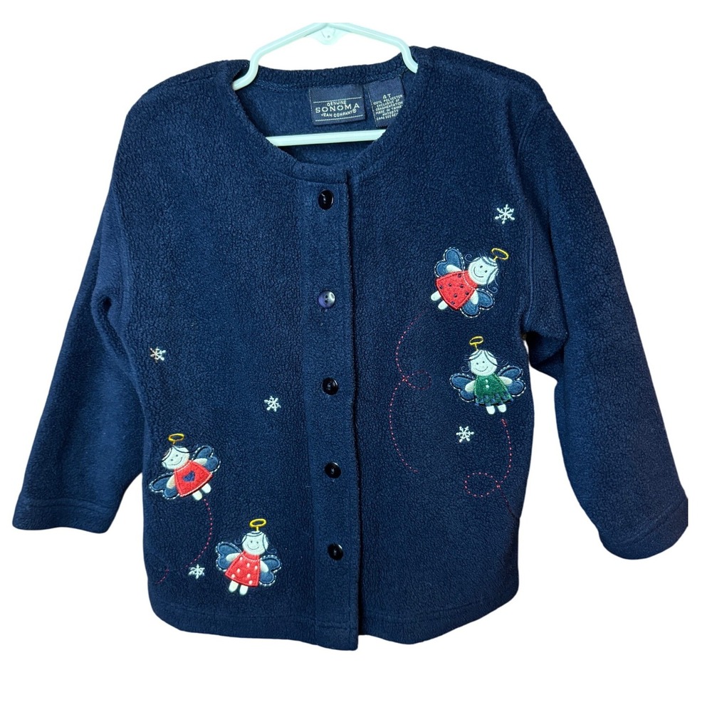 Vintage Kids Navy Blue Fleece Cardigan Jacket Angel Snowflake Applique Size 4T